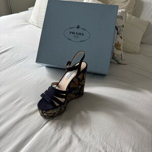 Prada Women's Black and Gold Wedge Heels